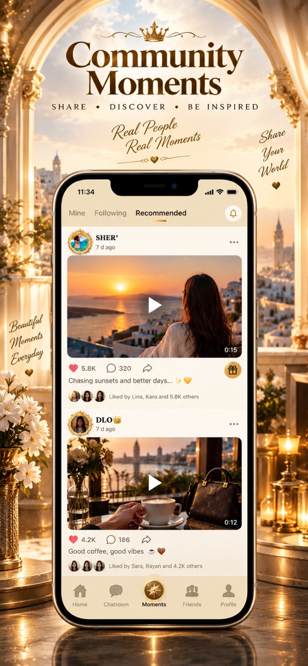 DangLive moments feed with photos and posts